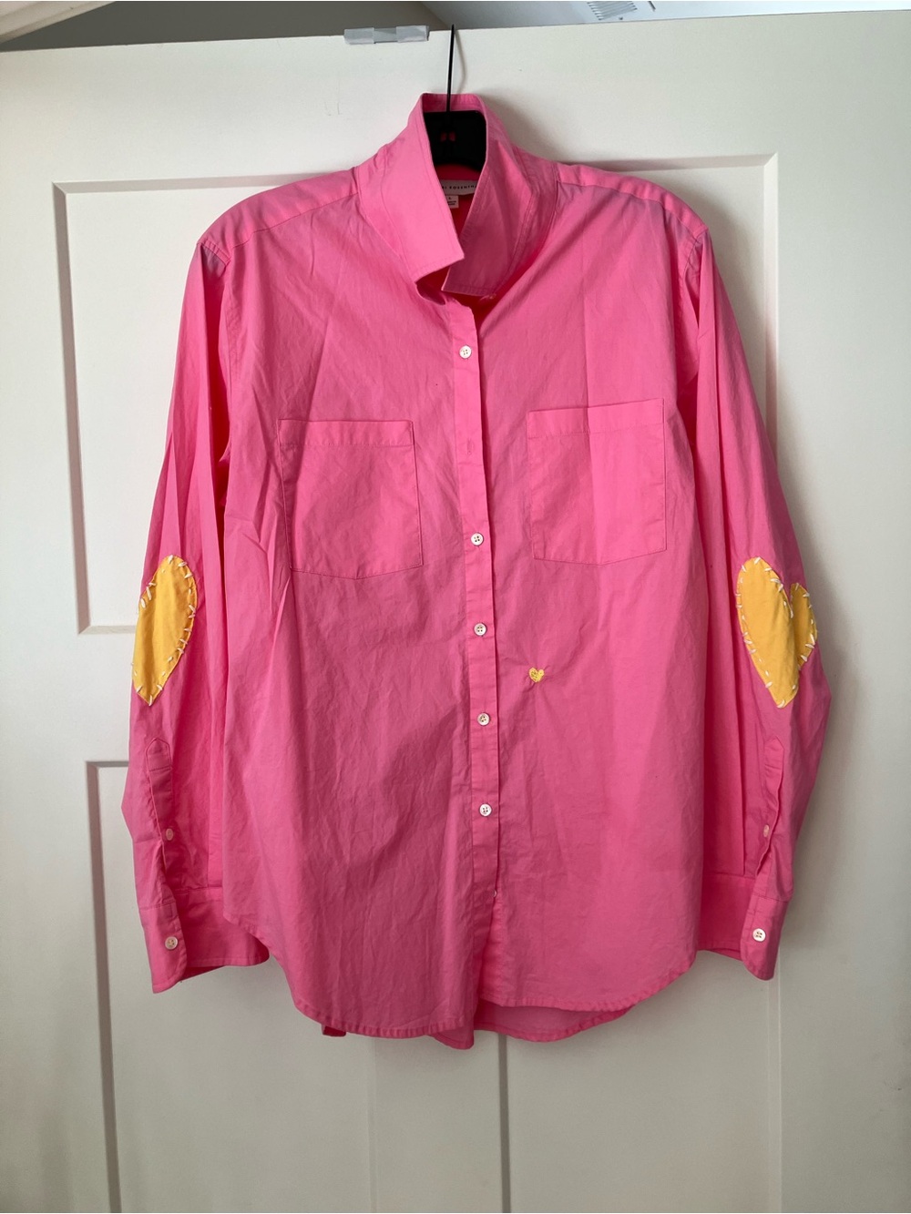 Bright Pink Button-Down Shirt with Yellow Heart Elbow Patches